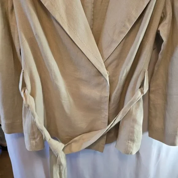 LINEN TOP WRAP JACKET TAN 3/4 SLEEVE SIZE MEDIUM LARGE VNECK COVERED FRONT SNAPS - Picture 3 of 8